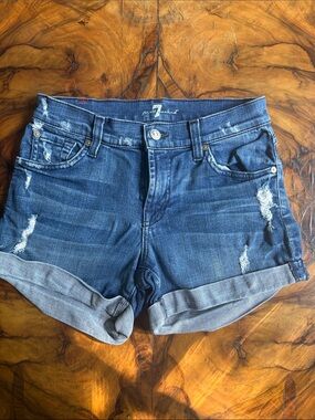 7 For All Mankind Distressed Blue Rolled-Hem Denim Shorts